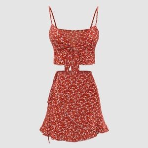 Cider Red Floral Tie-Front Crop Top & Skirt Set